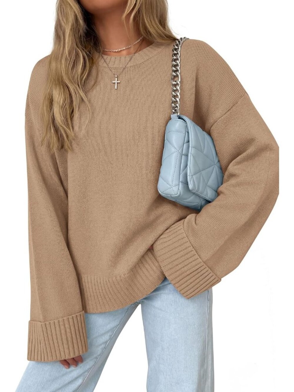 Women's Khaki Crewneck Long Sleeve Solid Ribbed Knit Top Oversized Fall Sweater